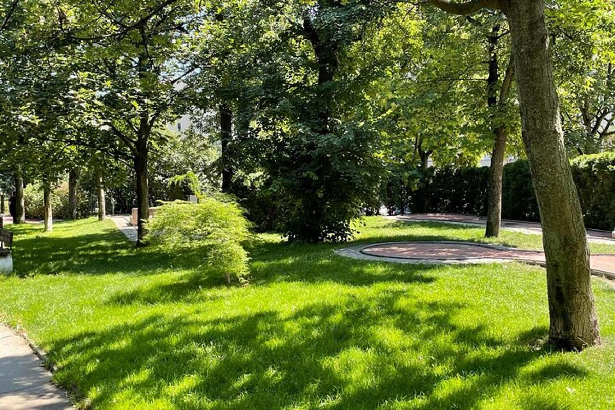 Un parque con césped verde y árboles y un sendero.