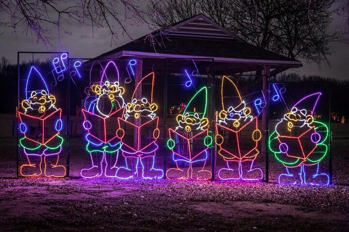 a group of lit up rabbits in front of a house