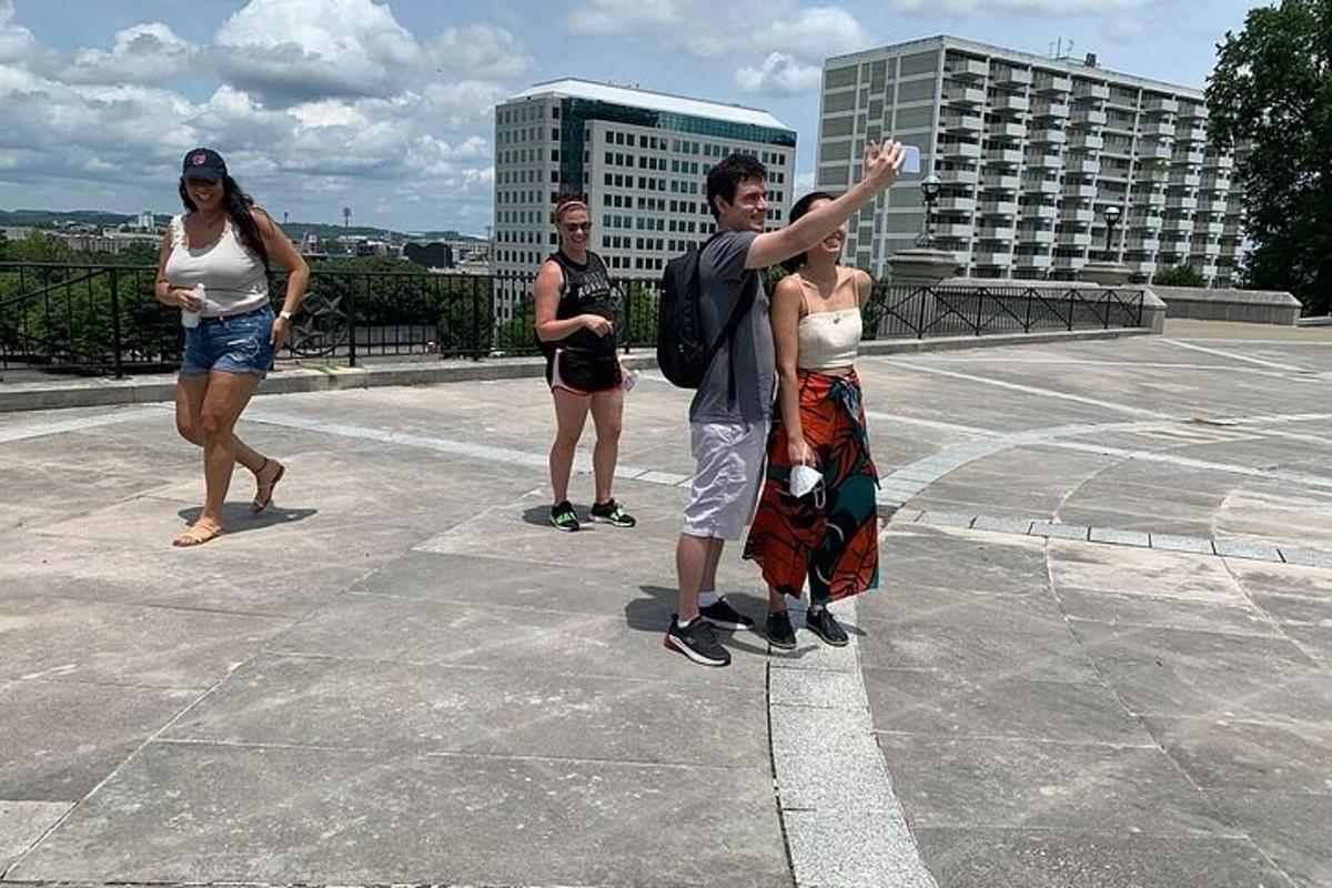 a group of people standing on top of a roof