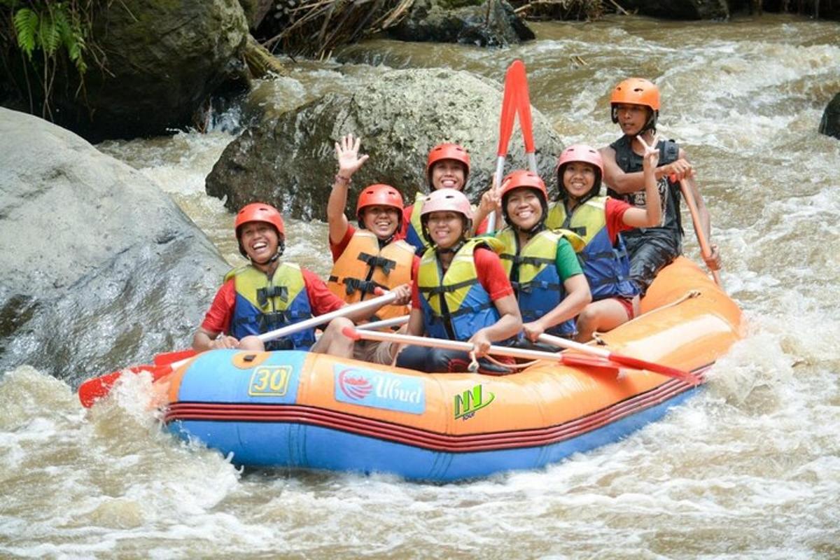 a group of people in a raft on a river