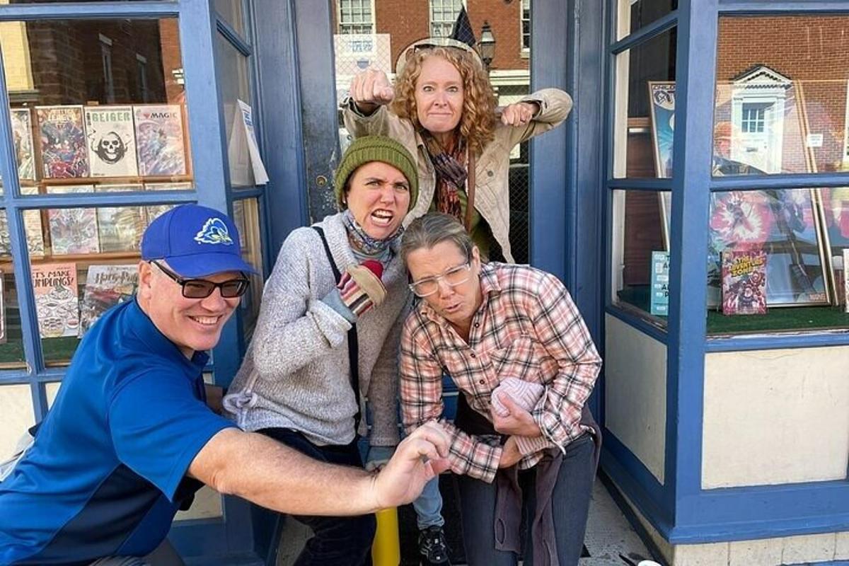 a group of people standing in a phone booth