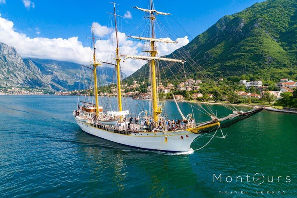 Un gran barco en el agua con montañas al fondo.
