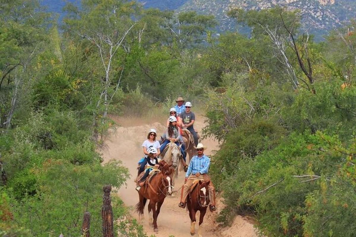 un gruppo di persone a cavallo lungo una strada sterrata