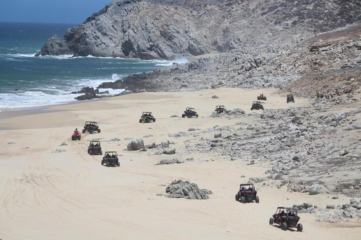 un gruppo di jeep su una spiaggia vicino all'oceano