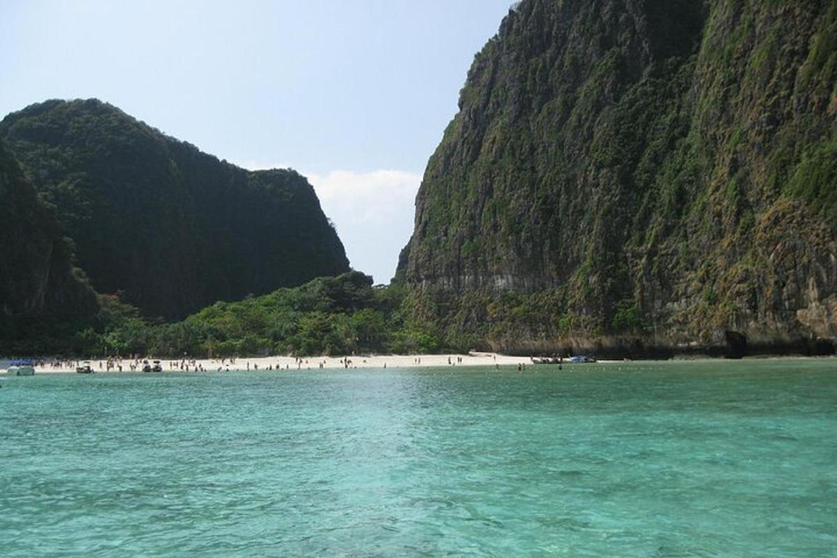 a group of people on a beach in the water