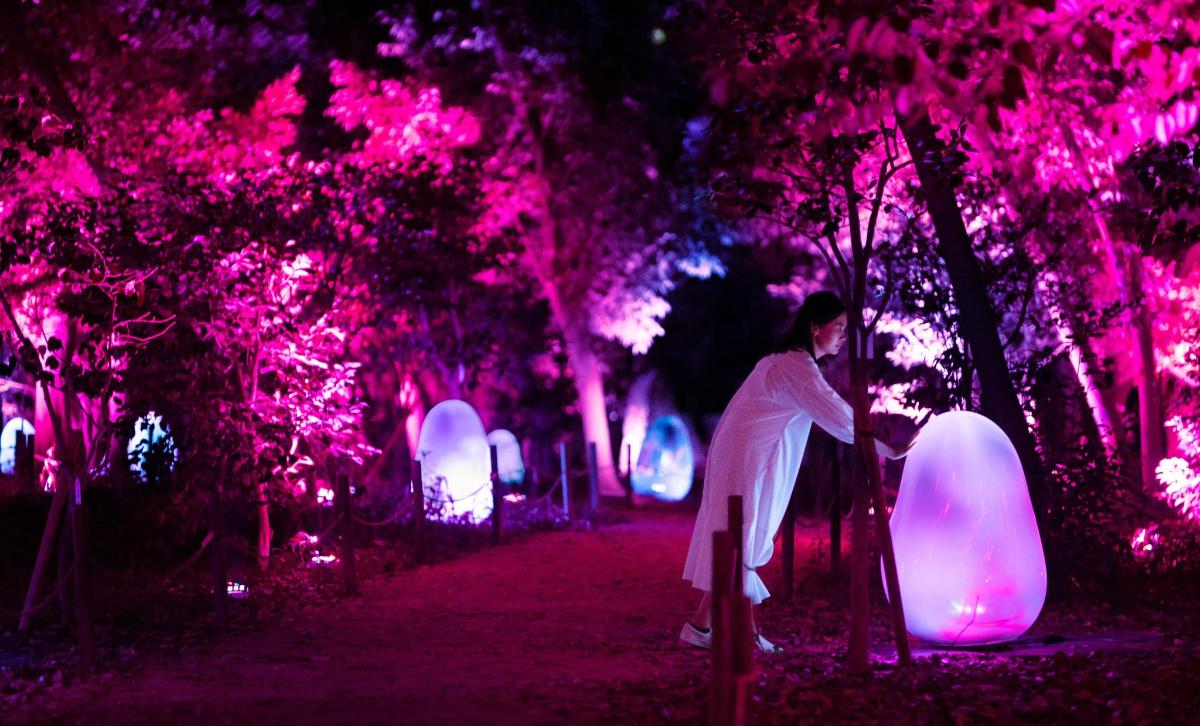 a woman sitting on a bench in a park with lights