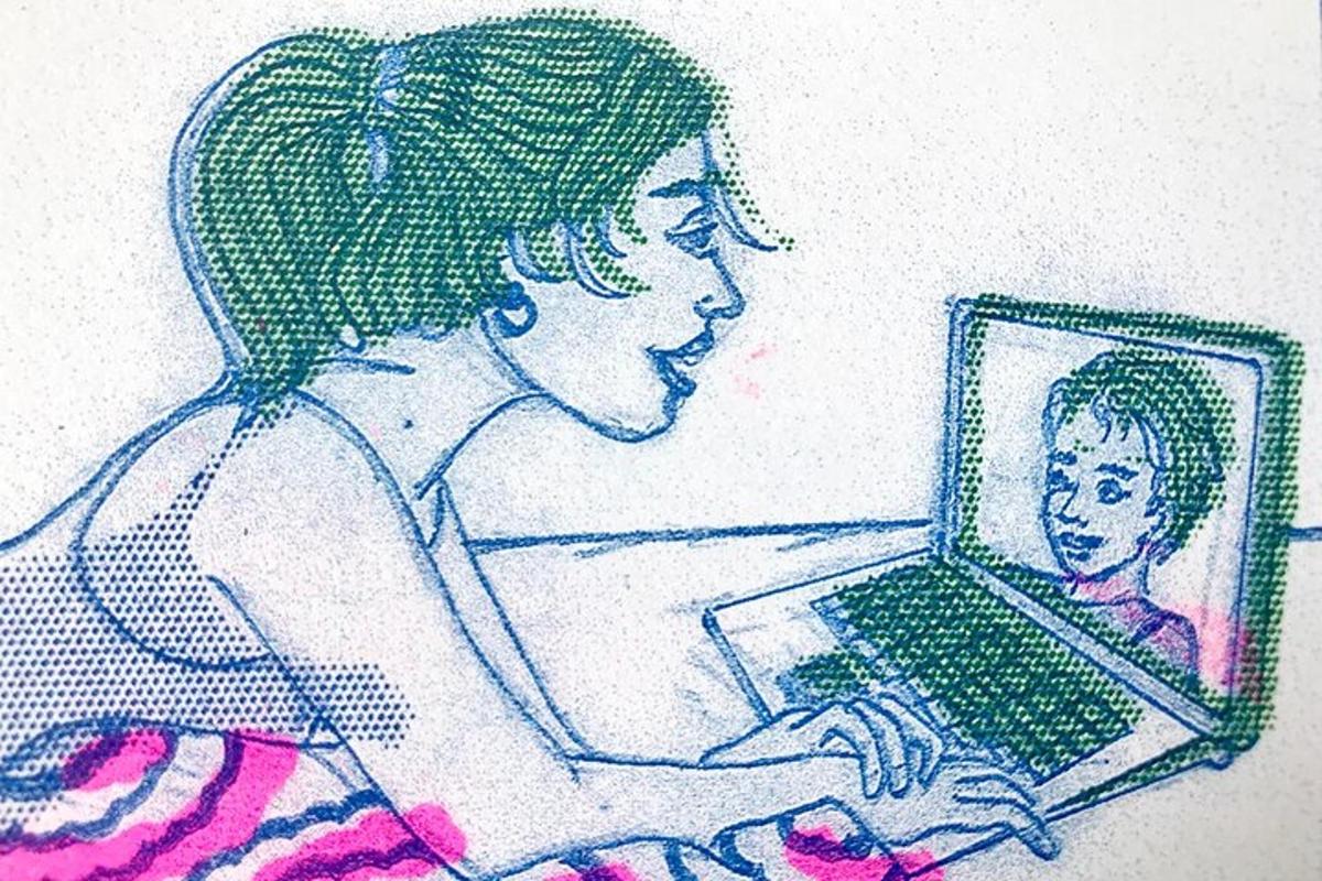a drawing of a woman working on a laptop