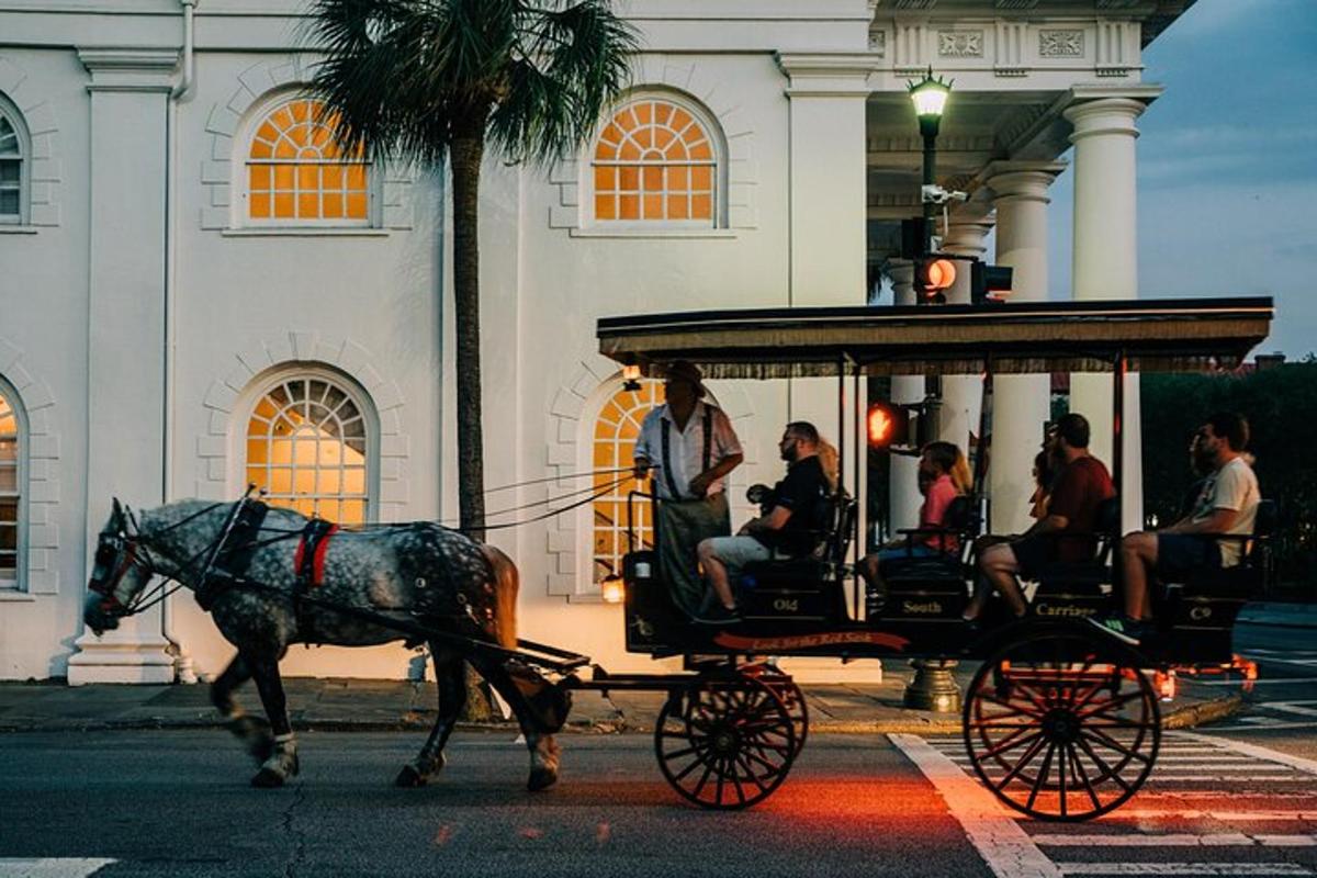 a horse pulling a carriage with people on the street