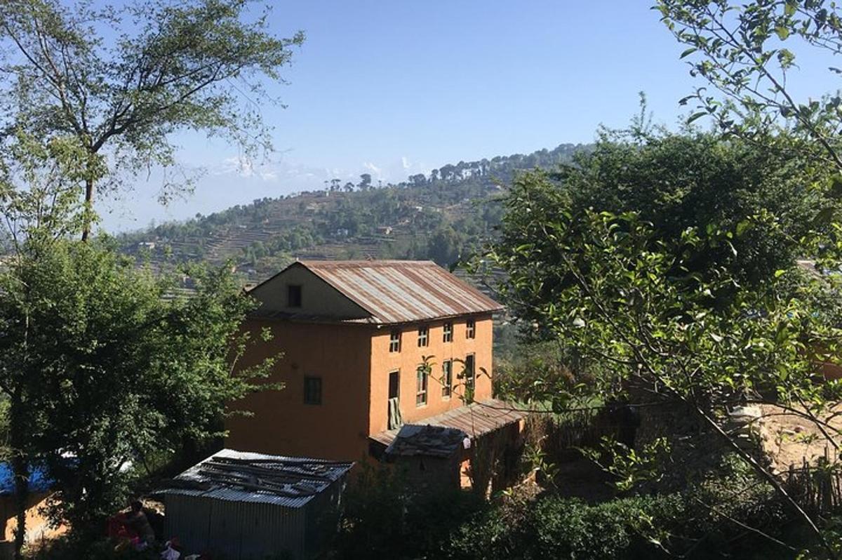 a small brick house in the middle of trees