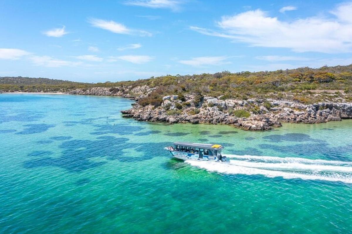 a boat in the water next to a island