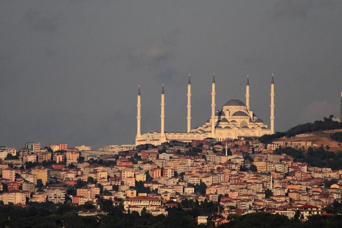 una città con una moschea in cima a una collina