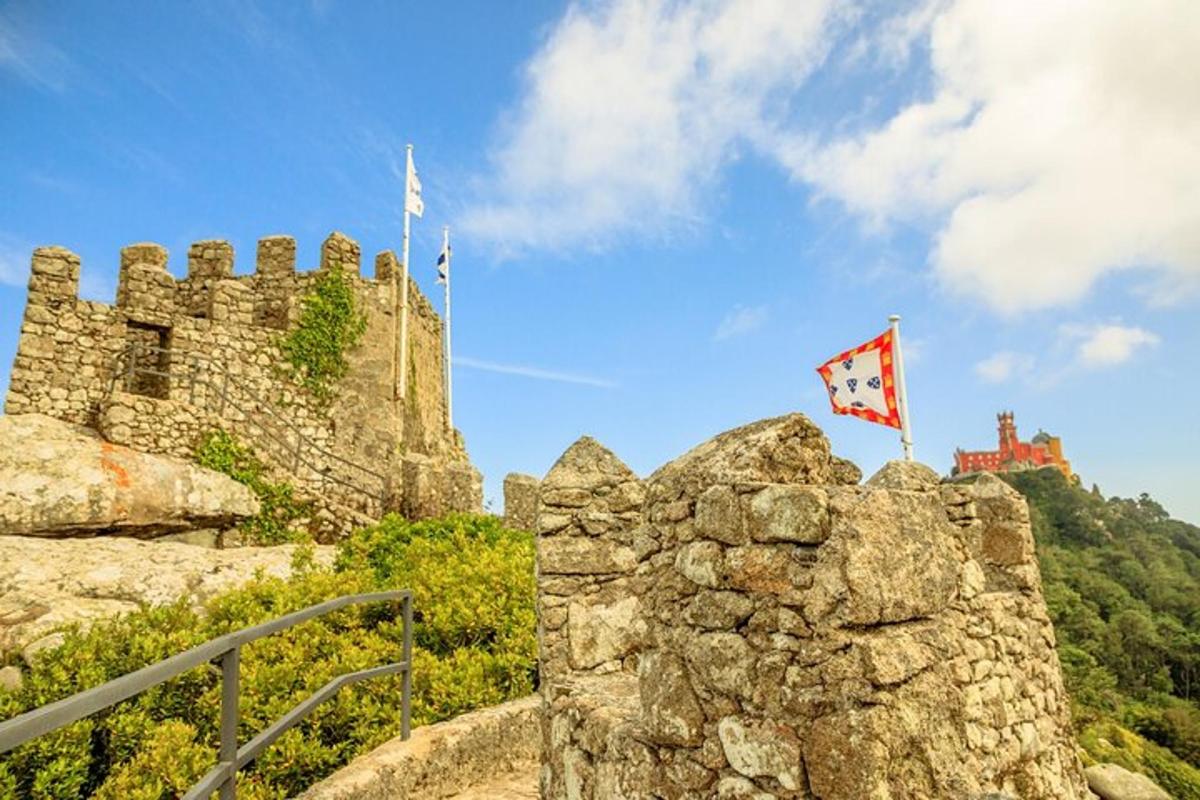 a castle with two flags on top of it