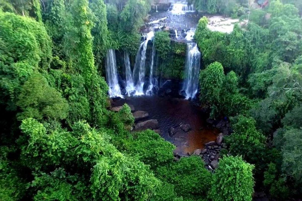 an aerial view of a waterfall in a forest