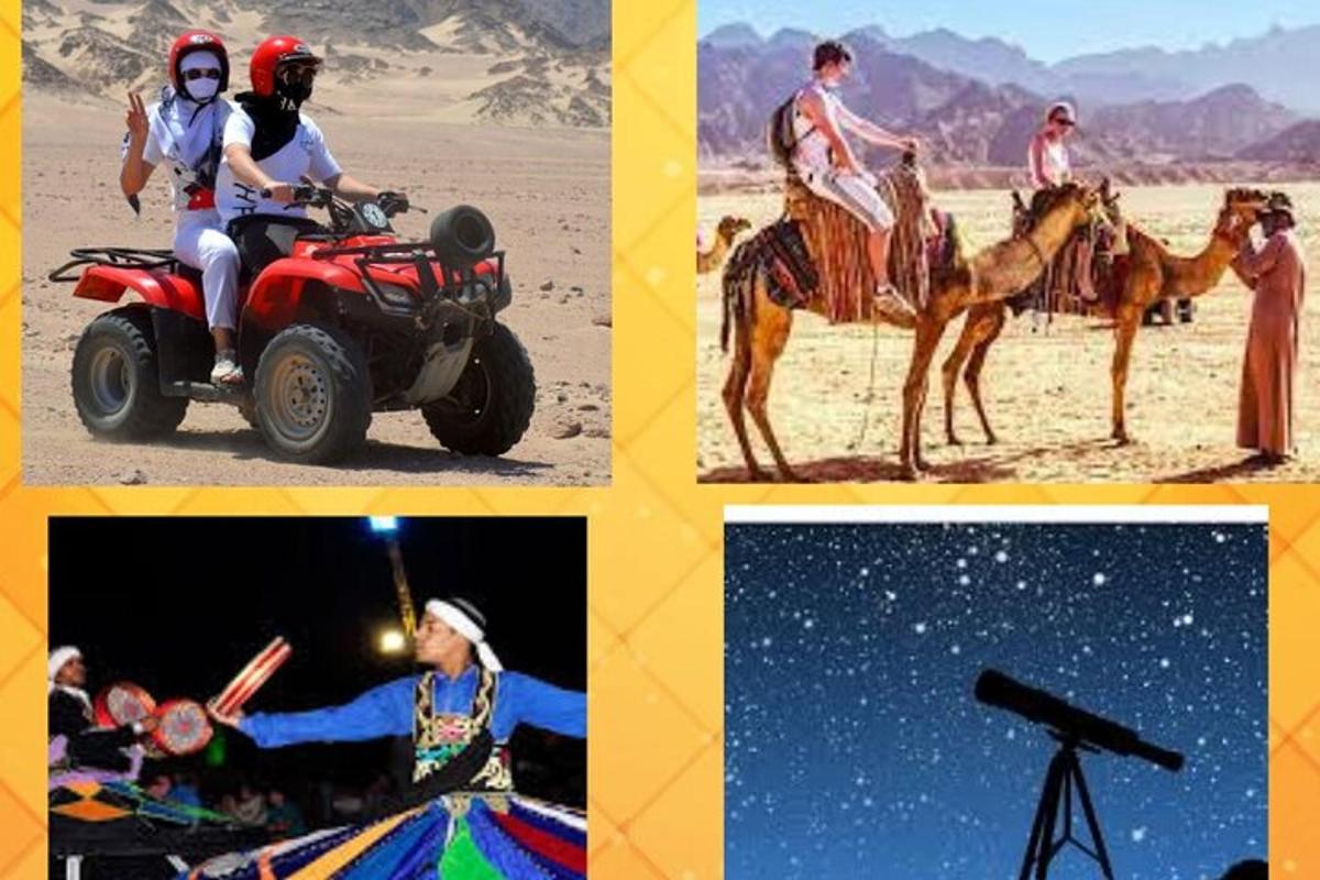 a collage of pictures of people riding on a camel