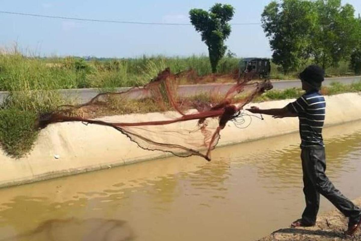 un uomo che tiene una rete in acqua