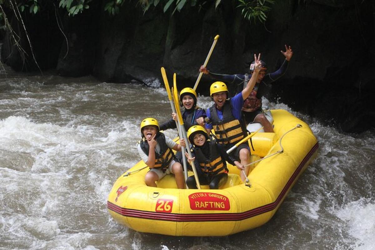 a group of people on a raft in a river