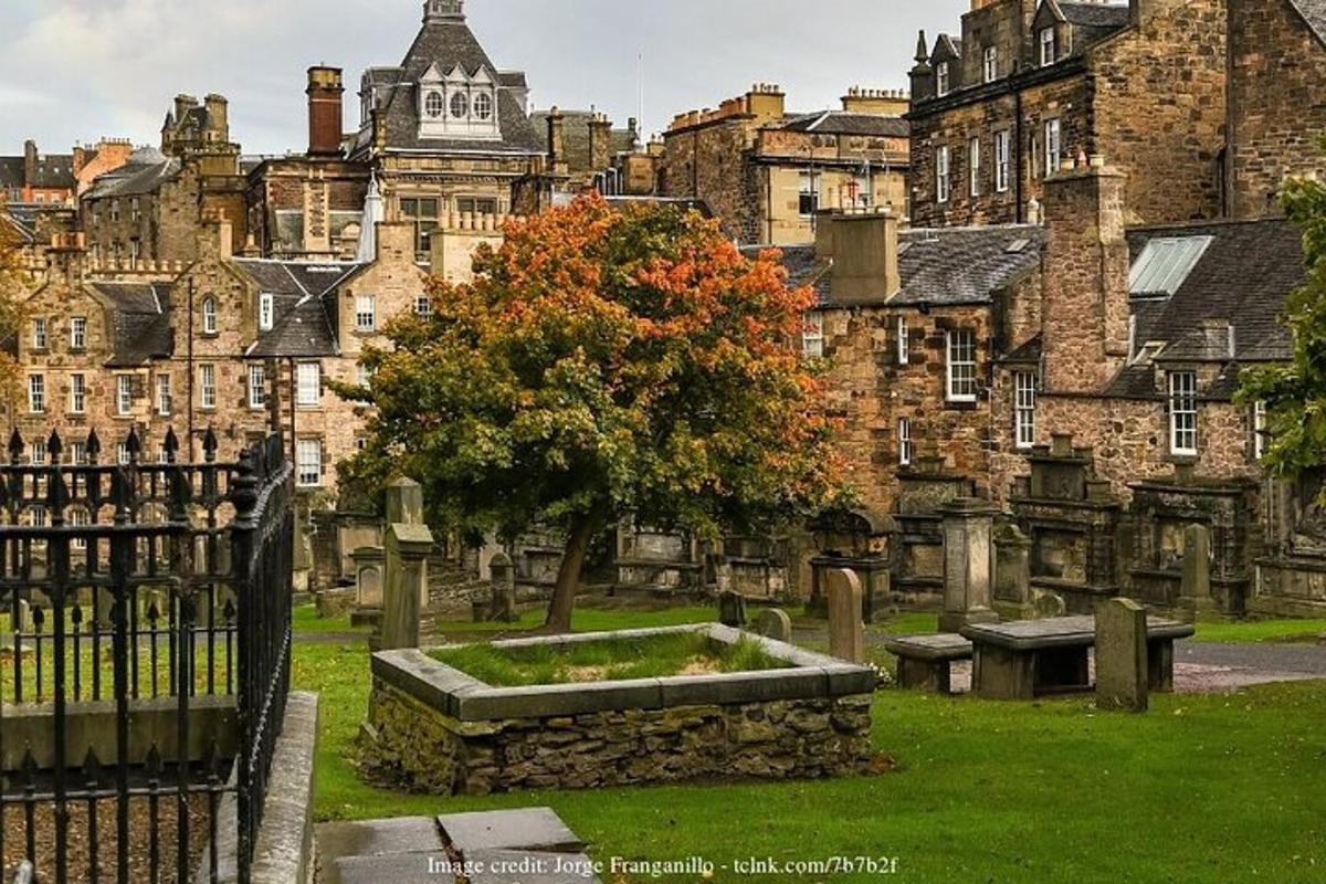 un cimitero con un albero davanti a un edificio