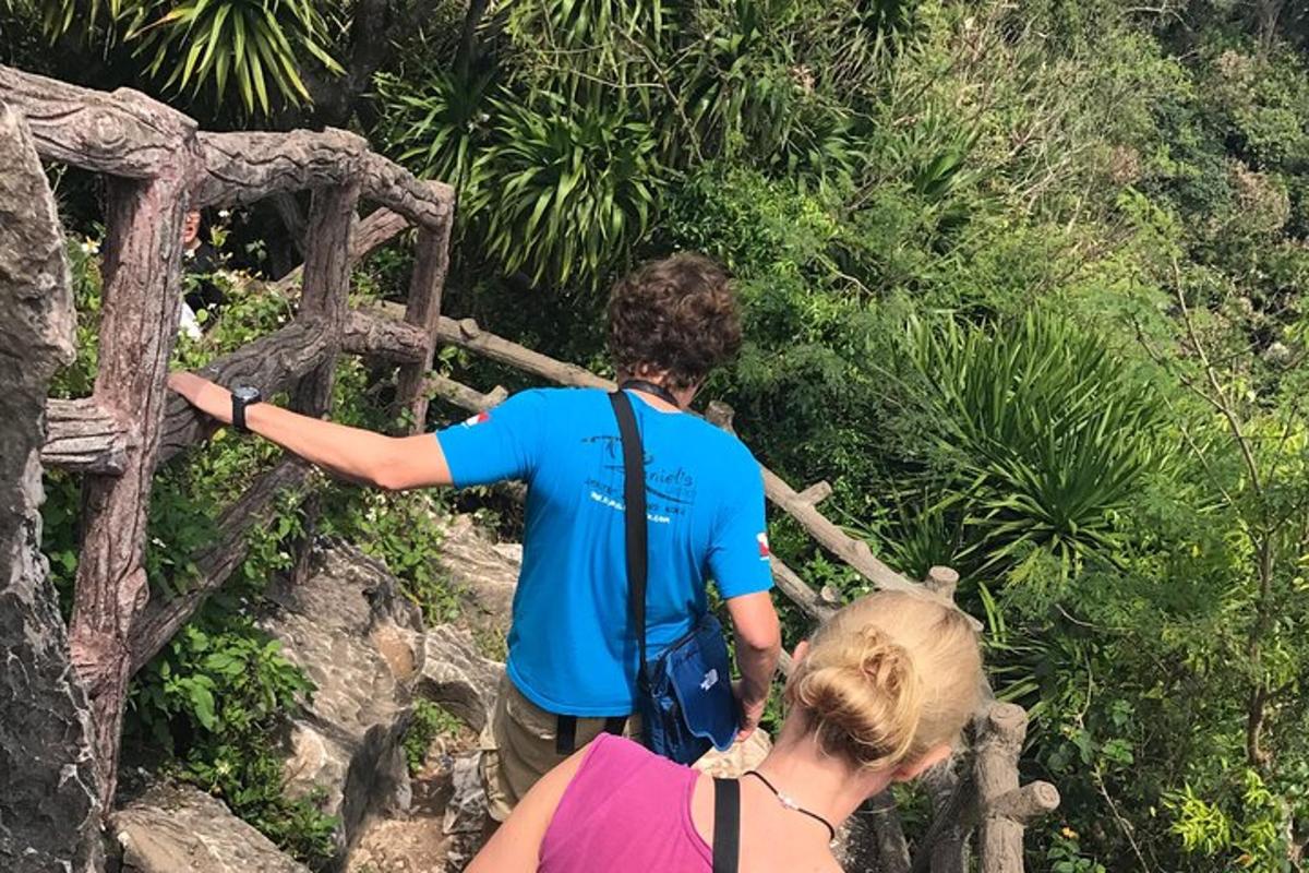 algumas pessoas caminhando sobre uma ponte de madeira