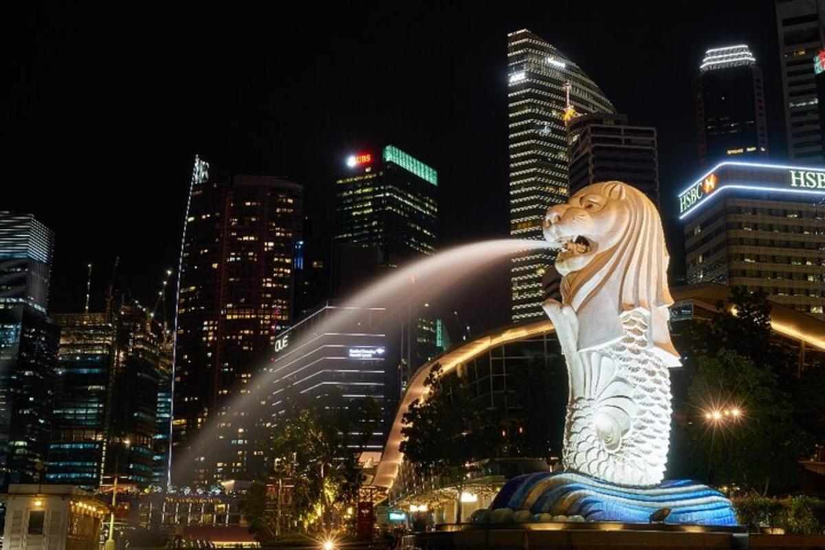 uma estátua de um leão em uma cidade à noite