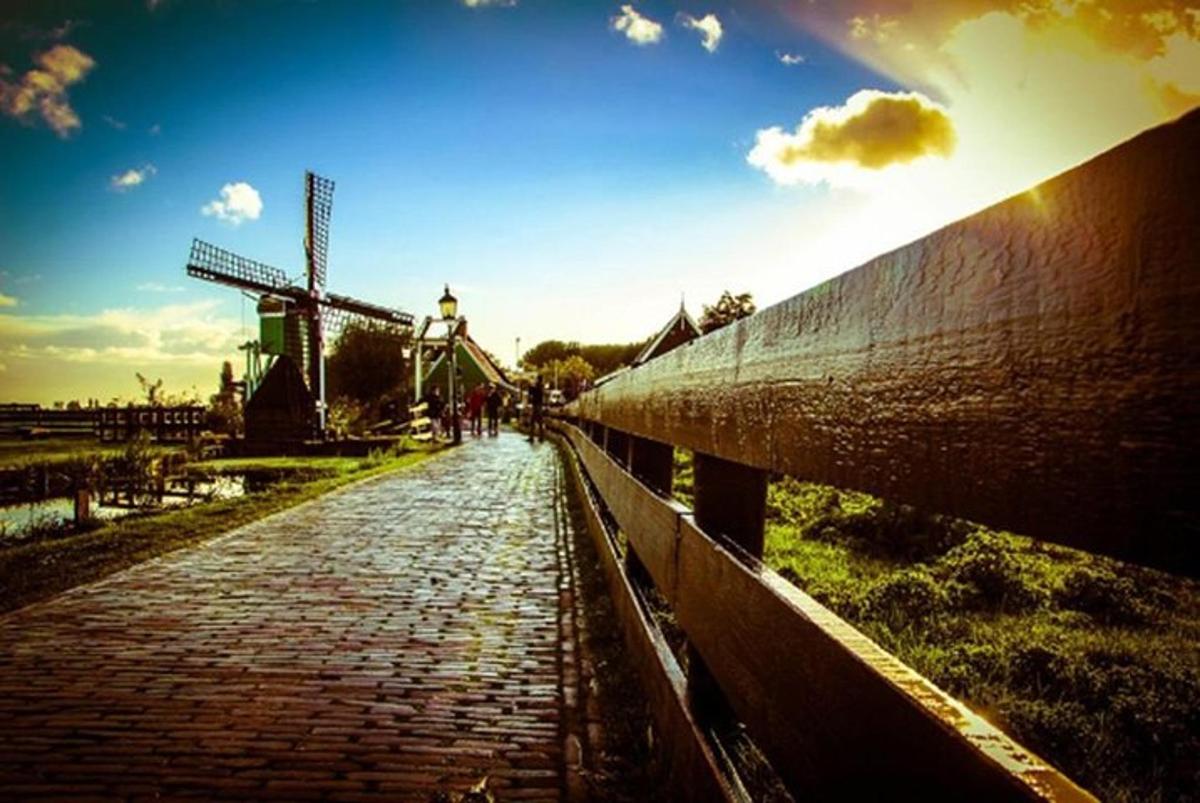 a brick road with a fence and a windmill