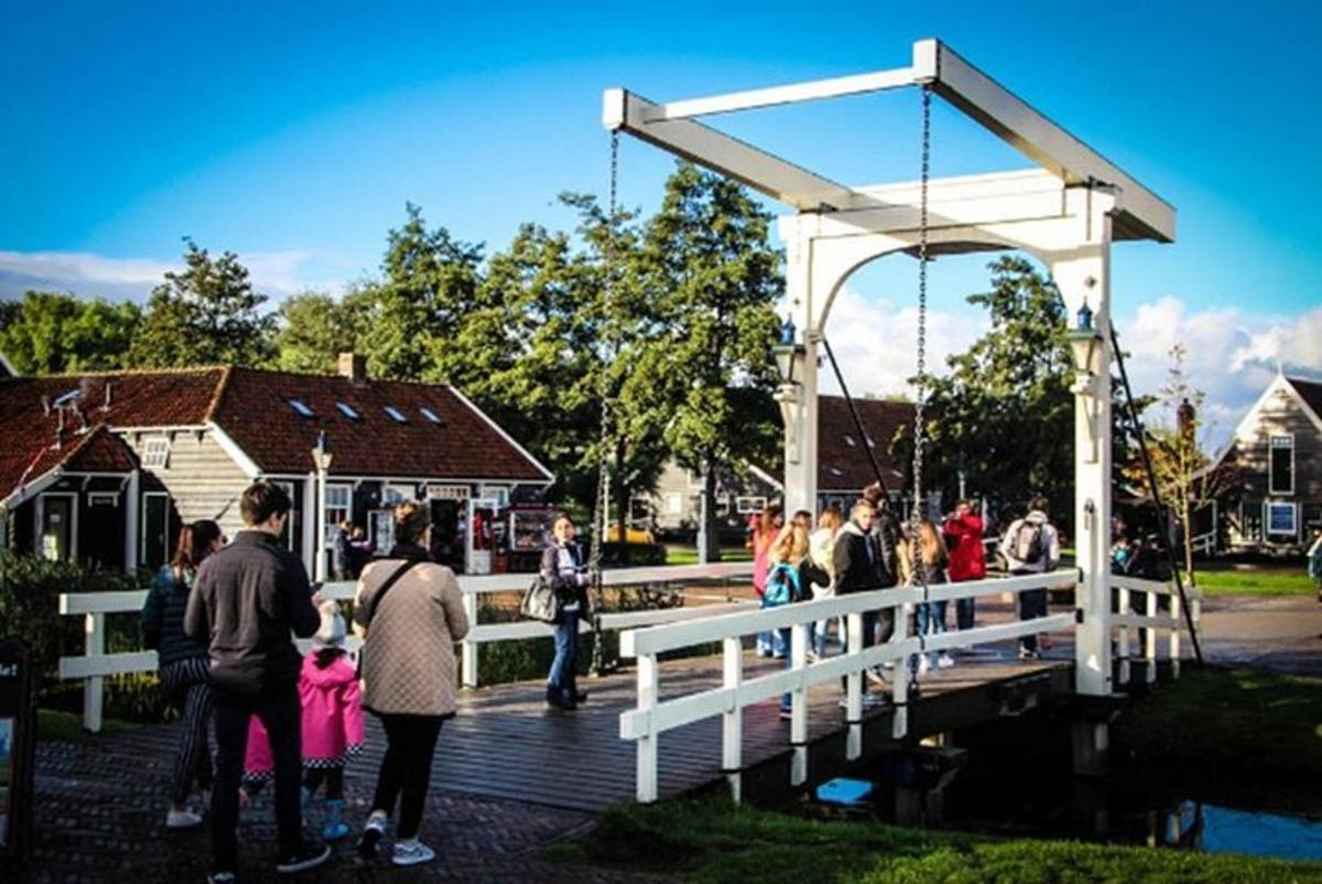 a group of people standing on a wooden boardwalk