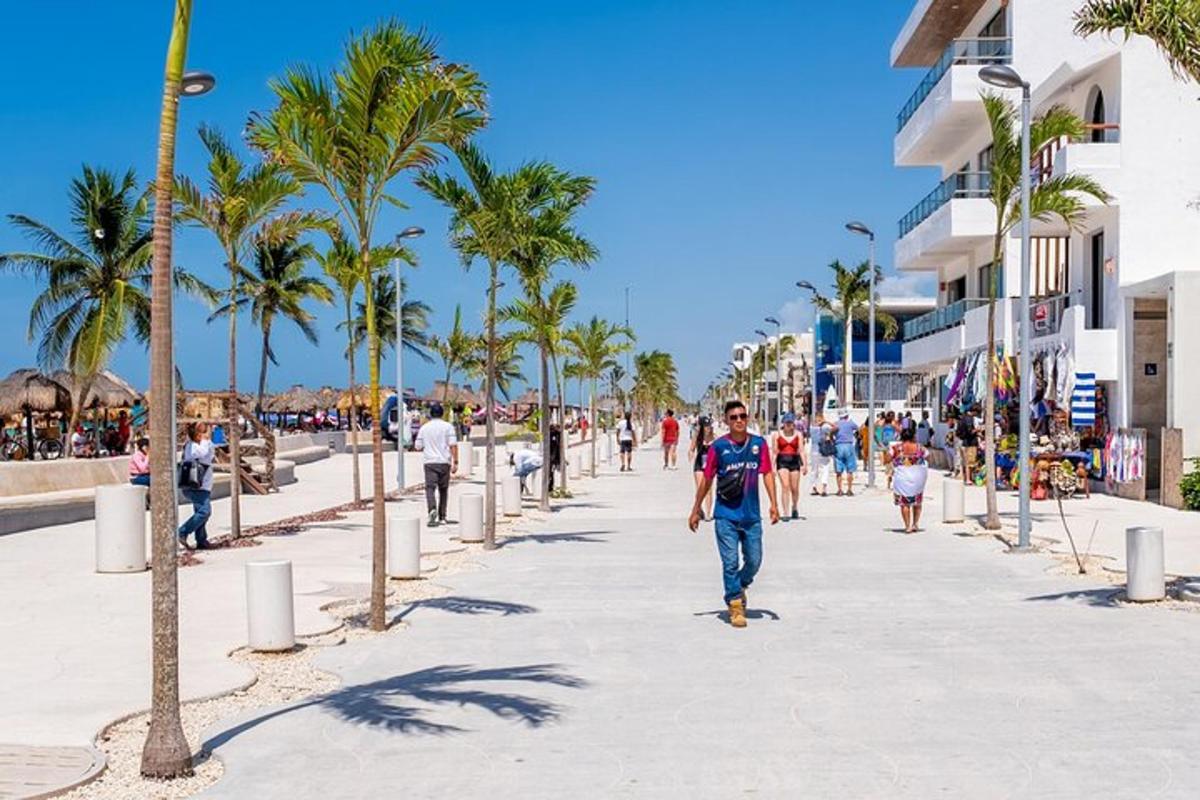 un uomo che cammina lungo un marciapiede su una spiaggia con palme