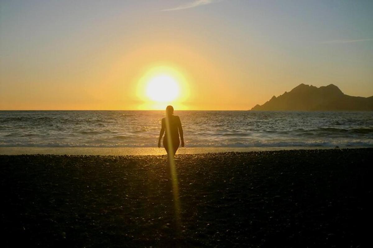 a woman standing on the beach watching the sunset