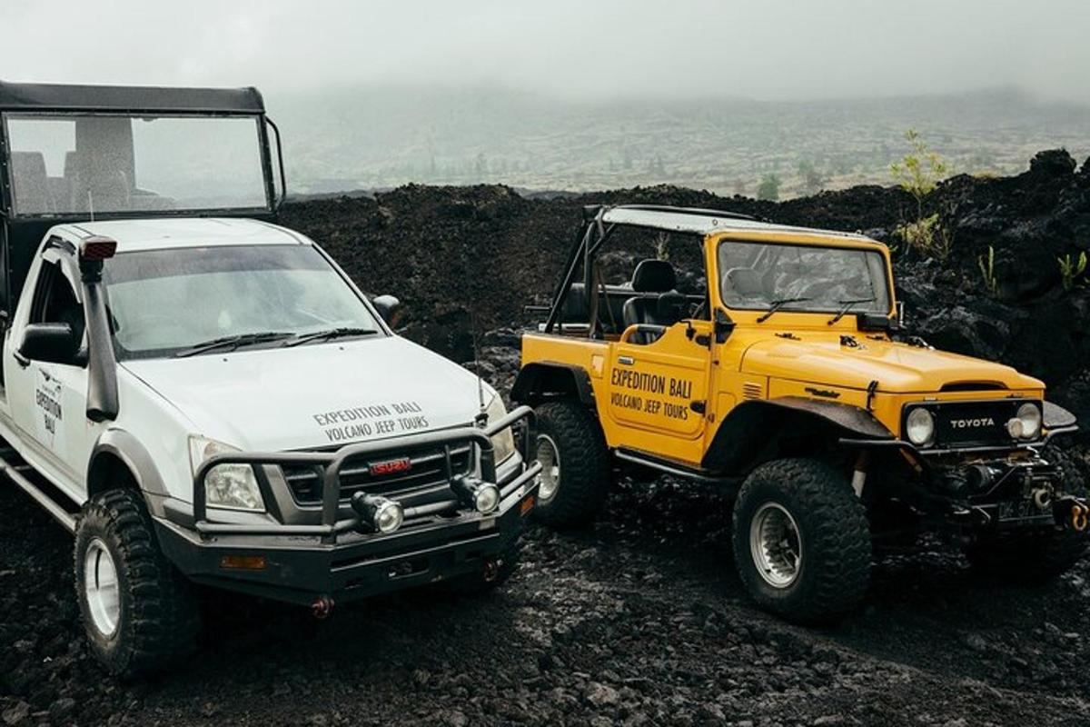 Dos camiones estacionados en la cima de una montaña