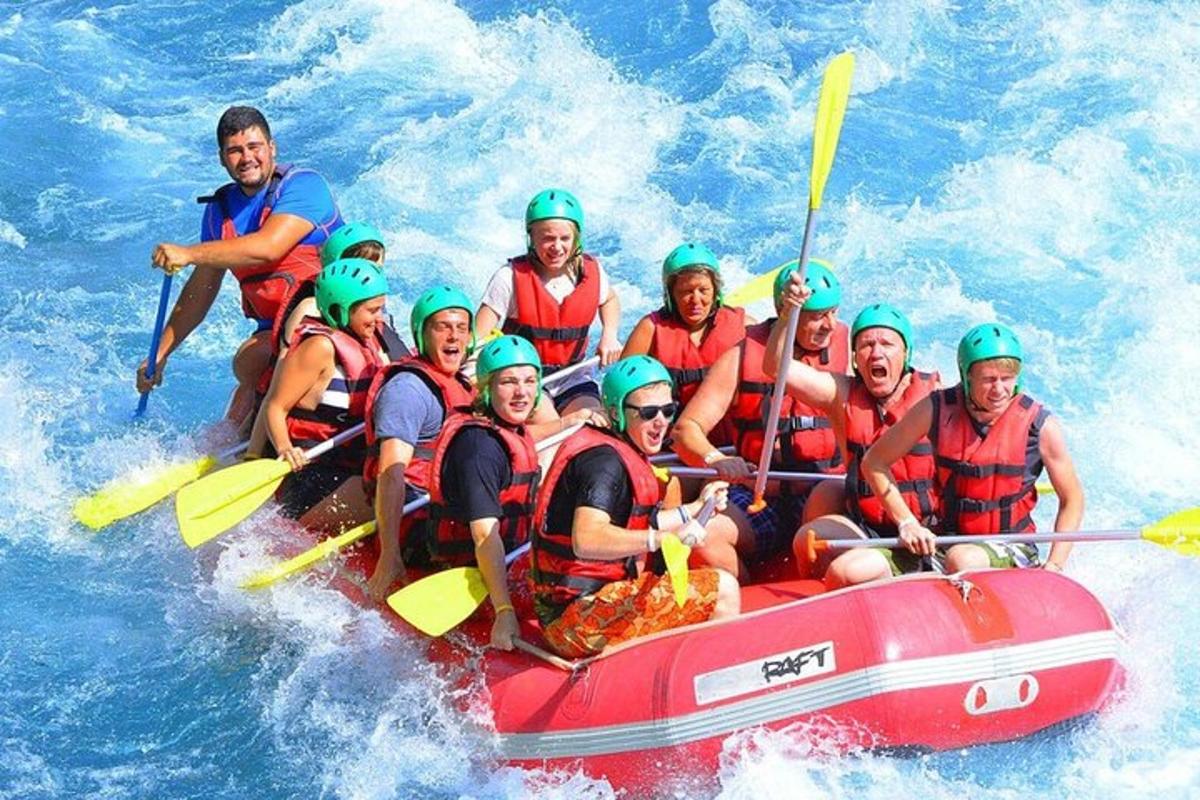 a group of people on a raft in the water