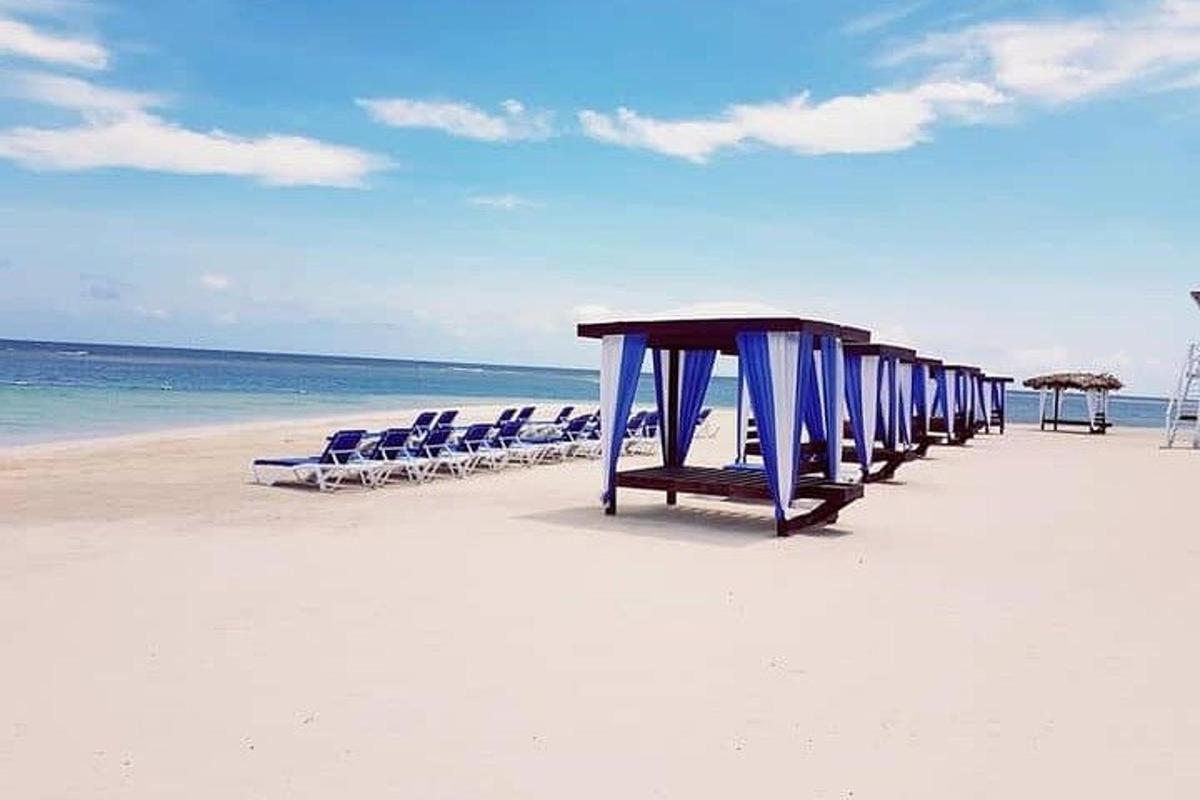 eine Reihe von Stühlen und Sonnenschirmen an einem Strand