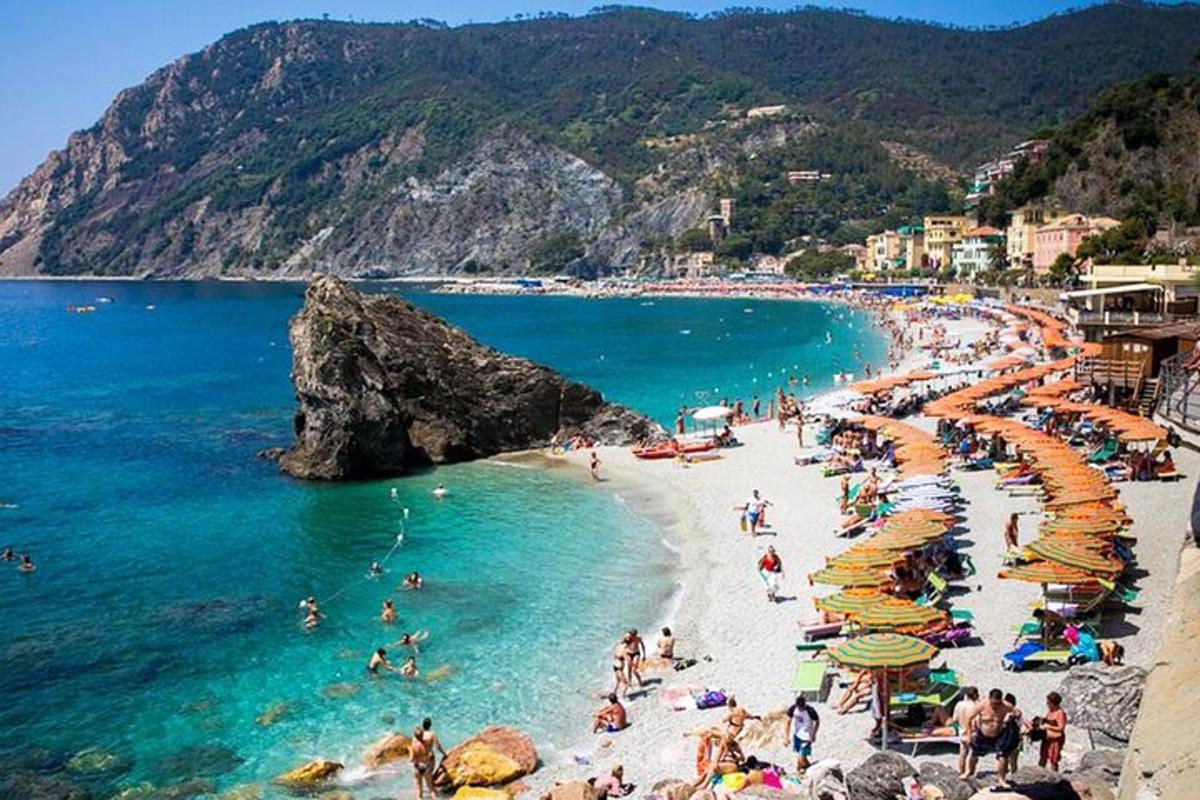 a beach with a bunch of people and umbrellas