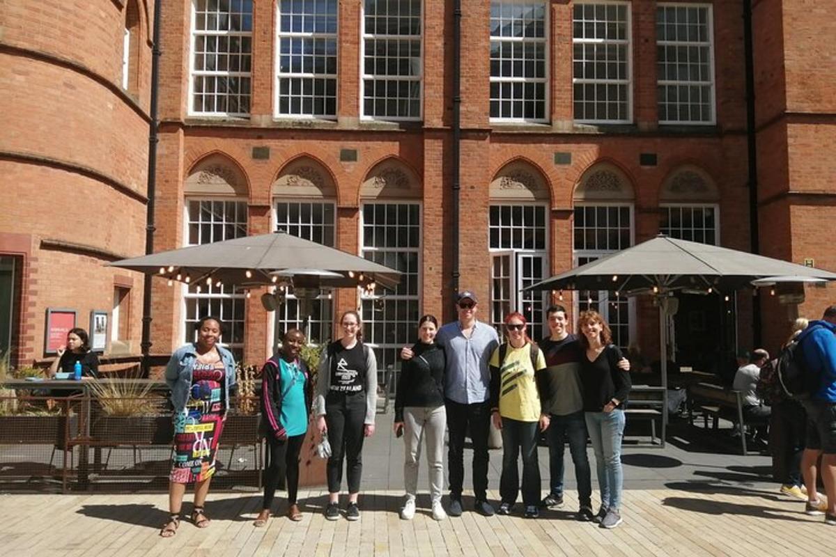 a group of people standing in front of a building