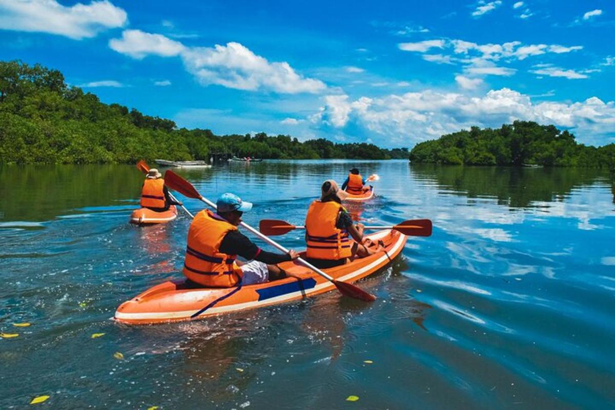 a group of people in kayaks on a river