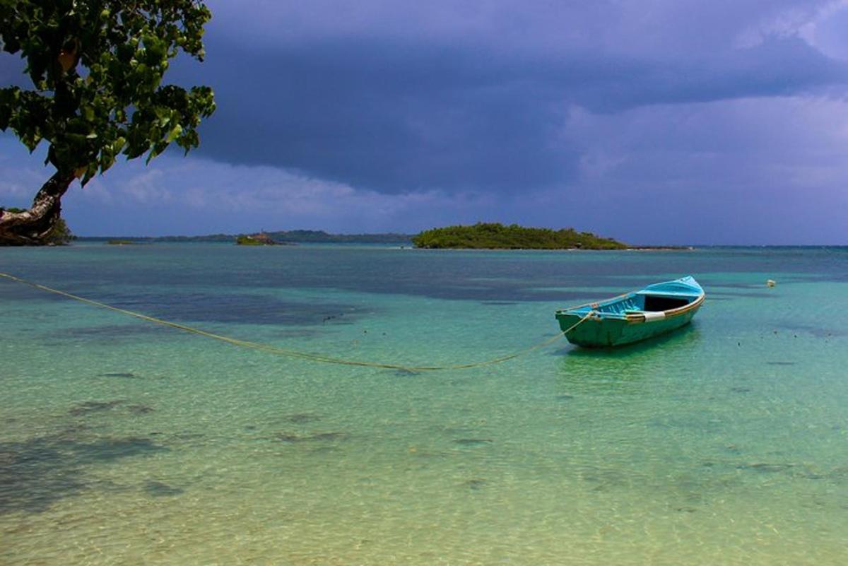 una piccola barca in acqua su una spiaggia