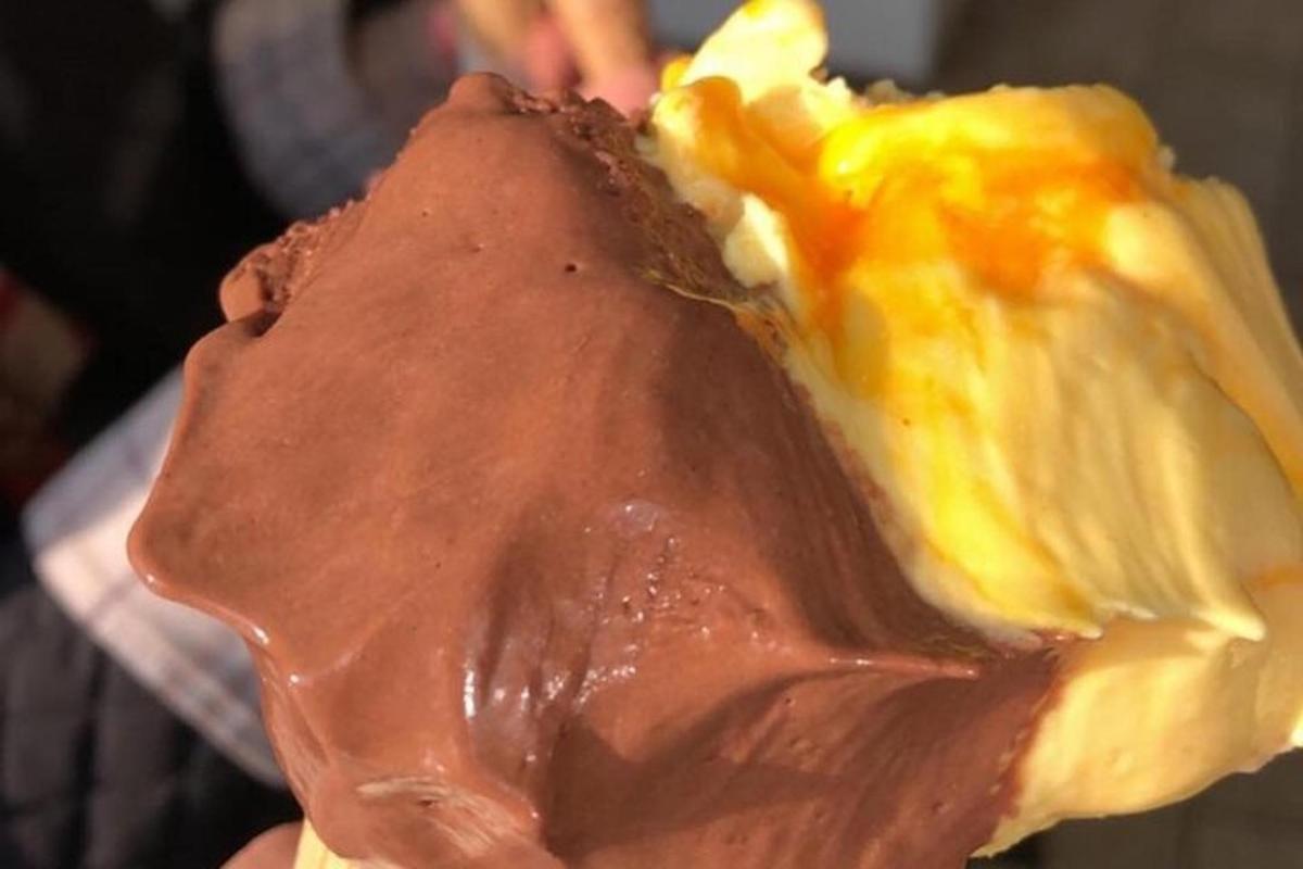 a person holding a chocolate dipped ice cream sandwich