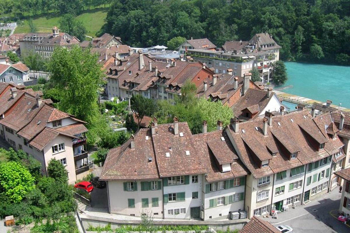 an overhead view of a town with houses and water