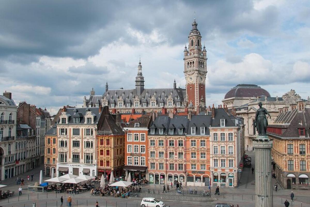 a city with a clock tower and a large building