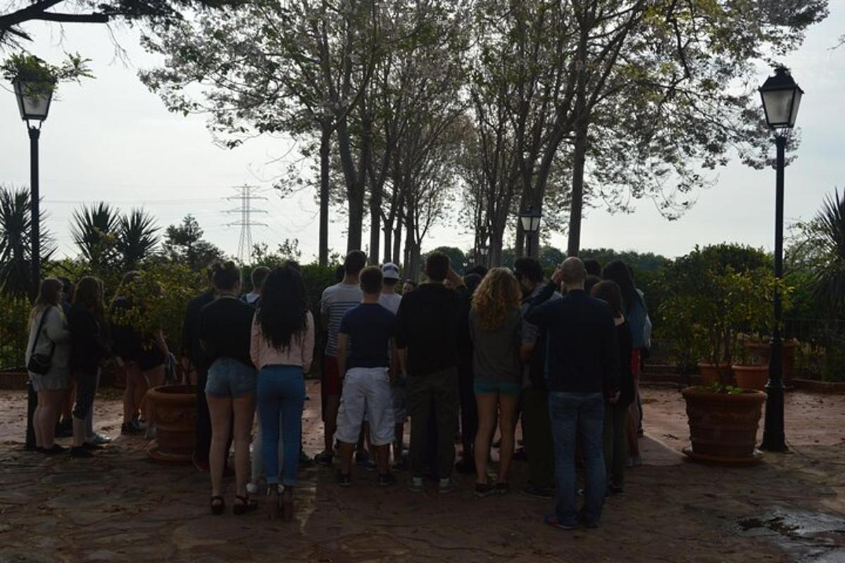 a group of people standing in a line in a park
