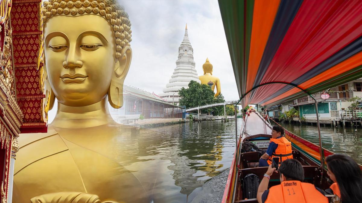 menaiki bot melalui patung buddha di sungai