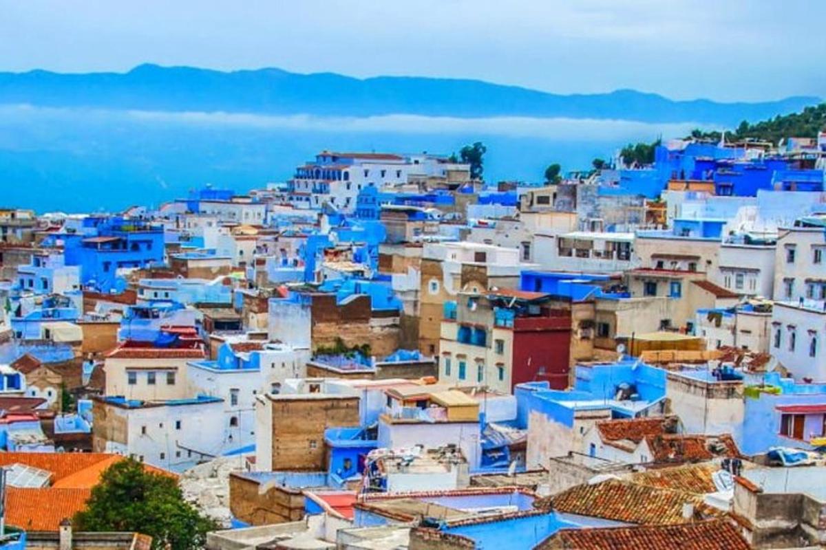 Una vista de una ciudad con edificios pintados de azul.
