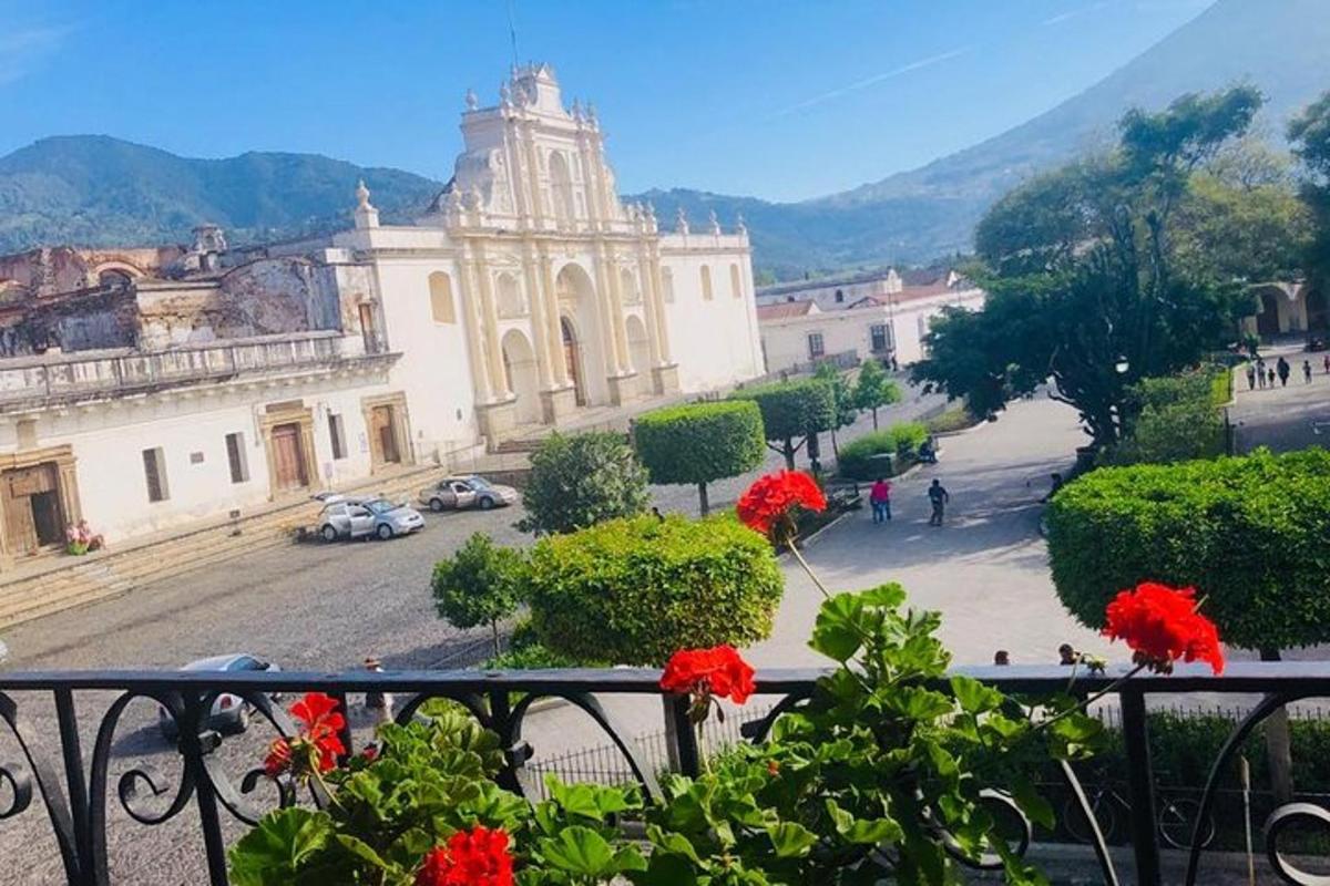a view of a building from a balcony with red flowers