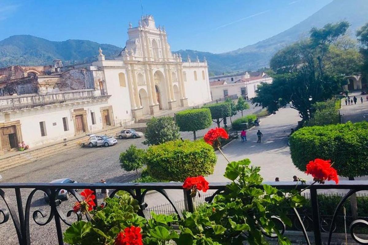 a view of a building from a balcony with red flowers