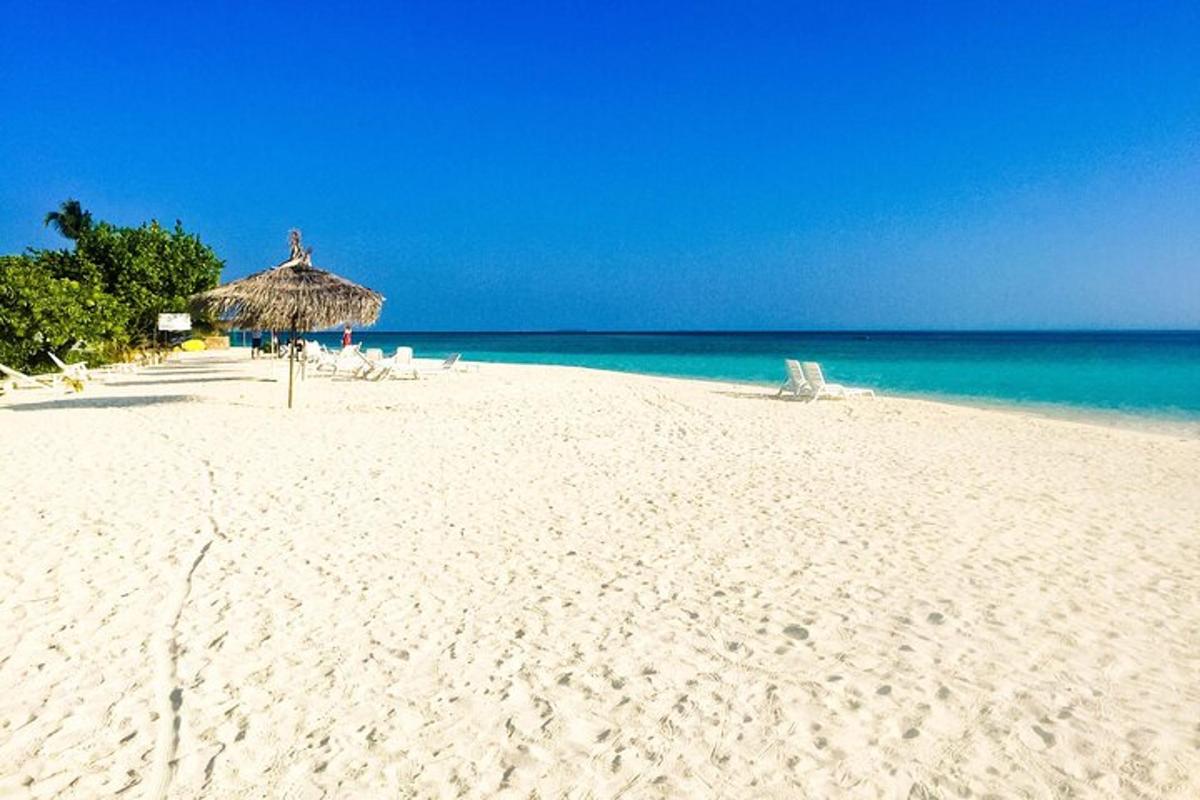 a beach with an umbrella and chairs and the ocean