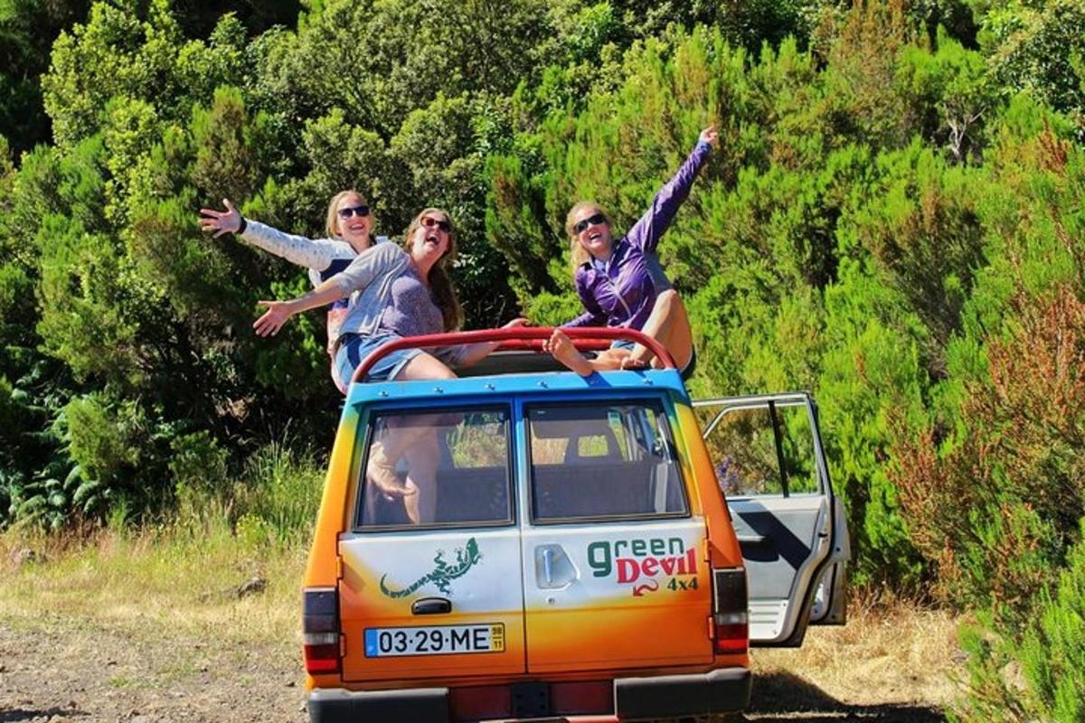 três pessoas estão sentadas no teto de um carro