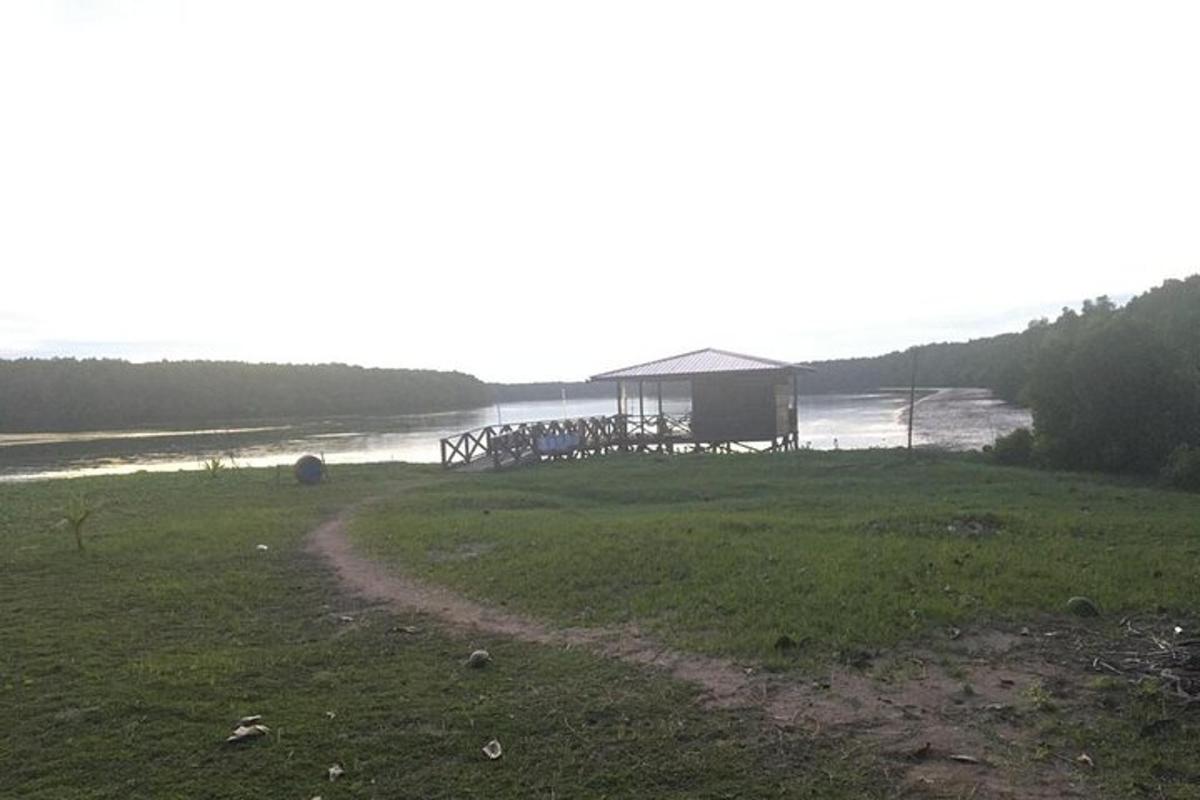 a house in a field next to a body of water