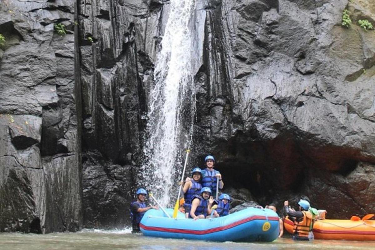 Un grupo de personas en una balsa frente a una cascada.