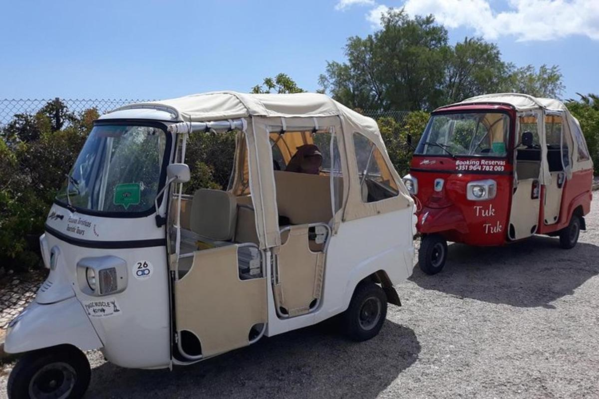 two small golf carts parked in a parking lot