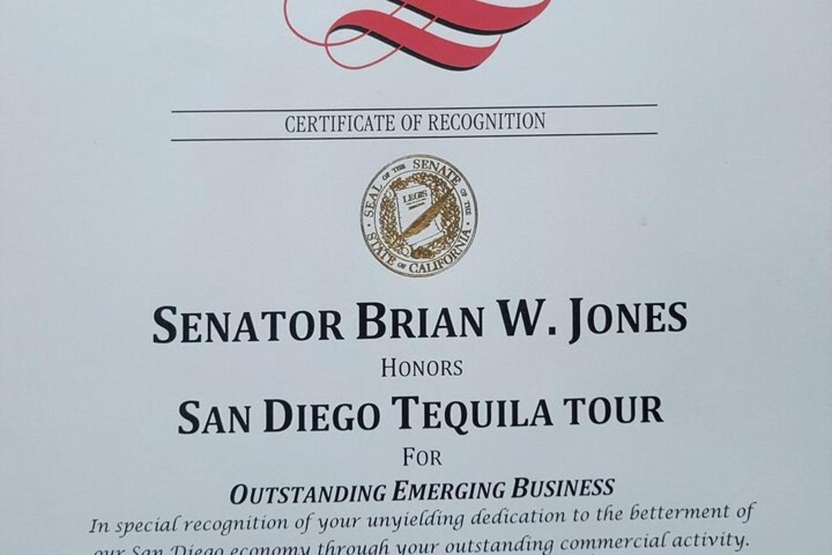 a certificate of nomination for the san diego tequila tourism tour