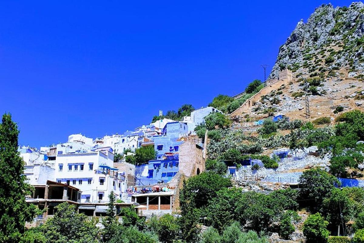 un gruppo di edifici blu sul fianco di una montagna