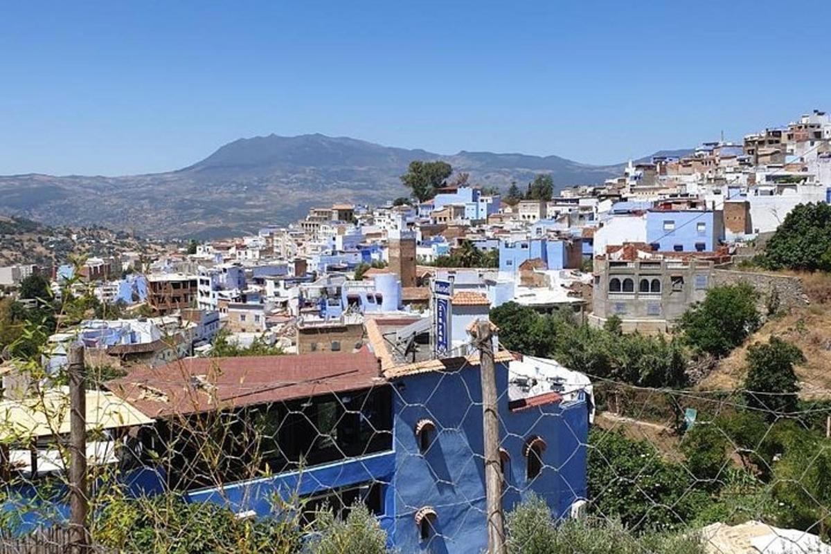 una vista di una città con edifici blu su una collina